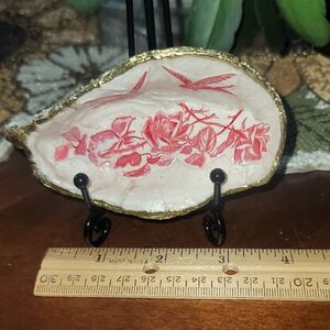 Decorative Oyster Shell with Red Floral Design. Easel Included